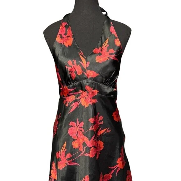 Vintage Y2K Floral Halter Cocktail Dress, Satin Asymmetrical Tiered Hem - Picture 2 of 10